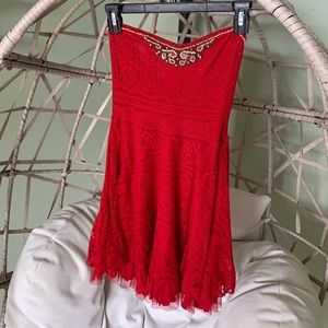 Red lace bandeau dress - Tulle - Beaded Strapless Dress - mini dress - poppy